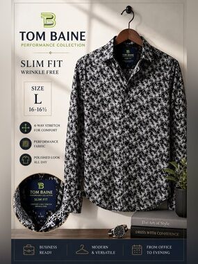 Tom Baine Performance Collection Slim Fit Shirt Black White Print Size L 16-16.5